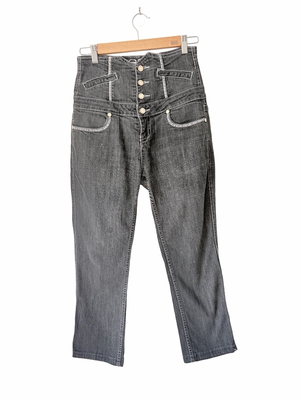 Coogi Rare Y2K Ultra High Rise Button Front Denim Jeans Gray Black size 7/8 Crop